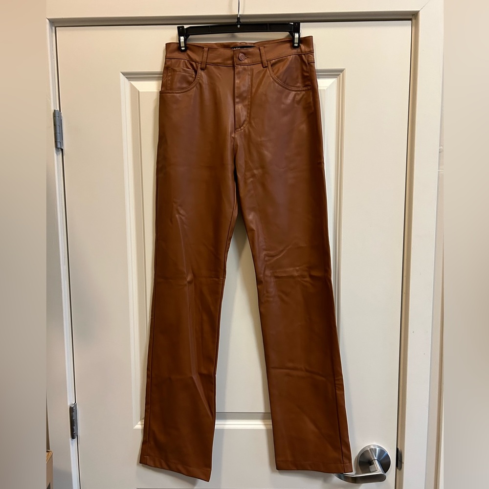 Zara Straight Leg Faux Leather Brown Pants with Thin Fleece Lining - size S - Picture 2 of 5